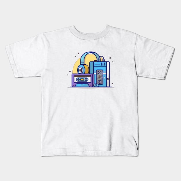 Old Music Player with Cassette and Headphone Music Cartoon Vector Icon Illustration Kids T-Shirt by Catalyst Labs